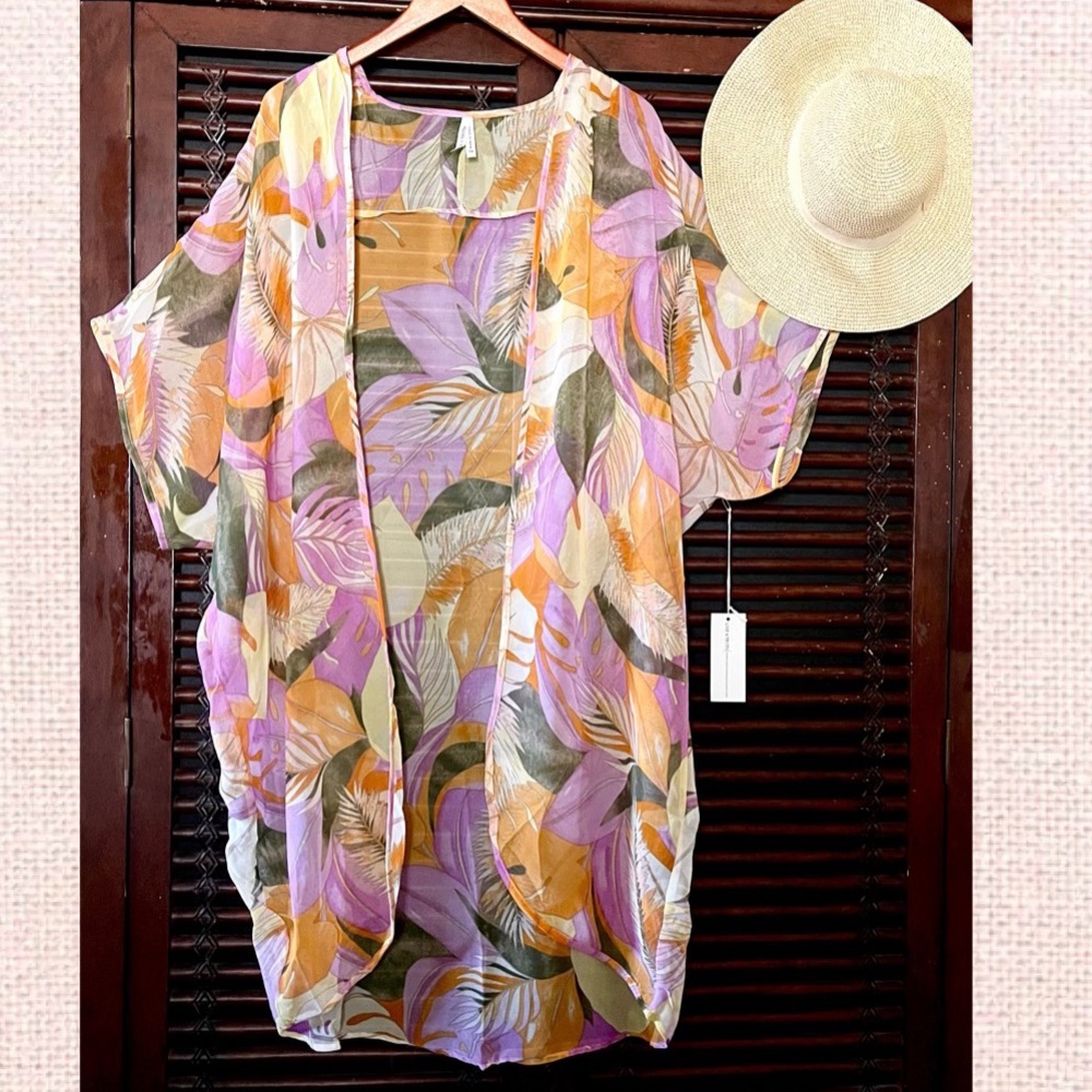 1X Kimono Duster Topper Cover-Up Caftan Tropical Orange Olive Lavender Yellow